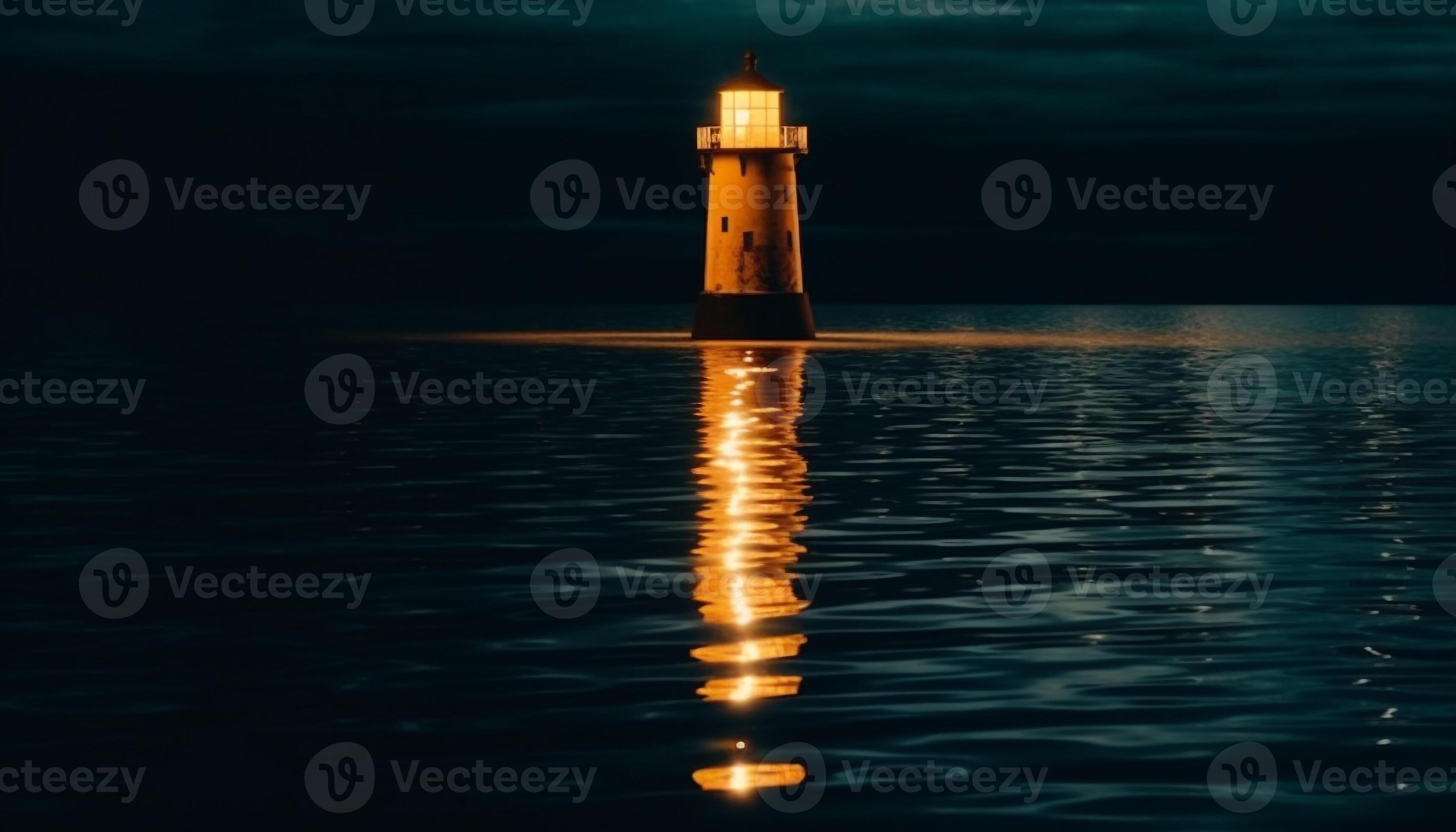 The illuminated beacon guides nautical vessels through tranquil waters