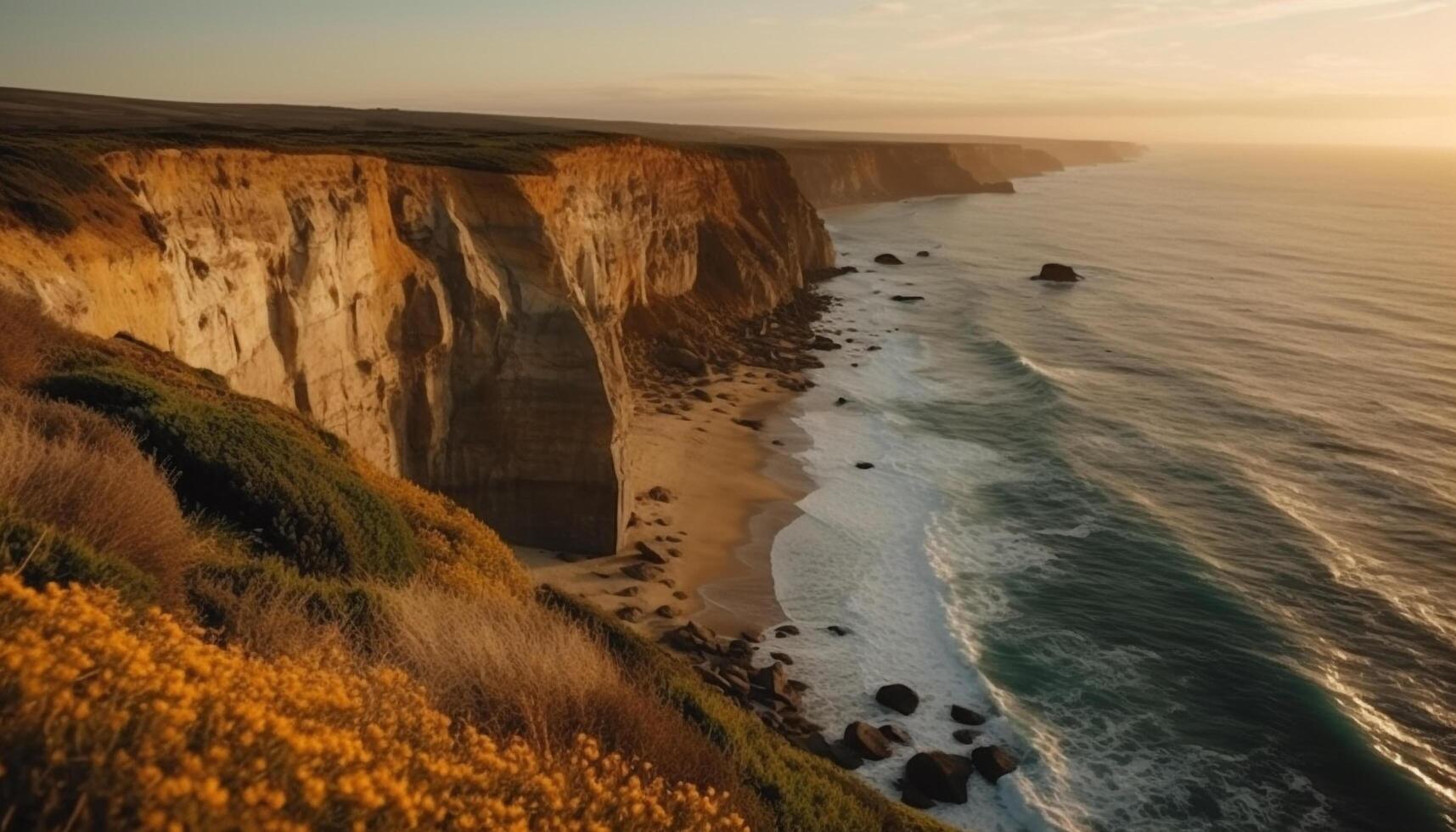 The majestic cliff eroded by waves creates a tranquil scene generated by AI photo