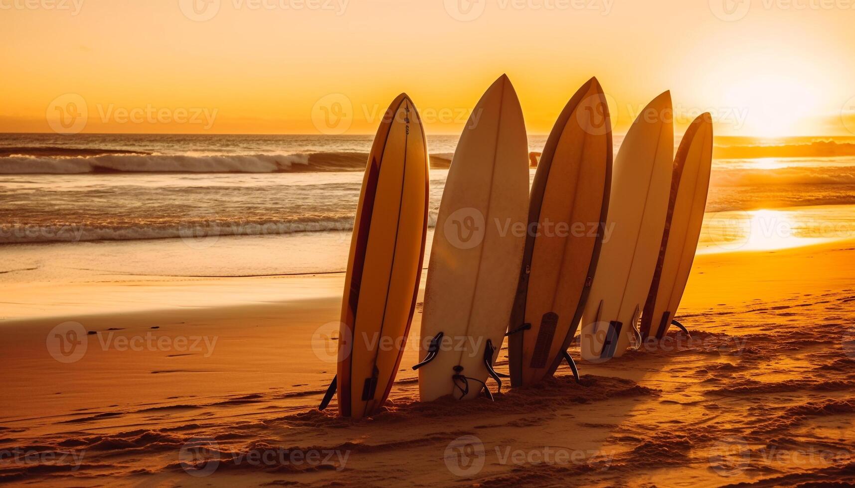 Surfing at dusk, a tranquil scene of beauty in nature generated by AI photo