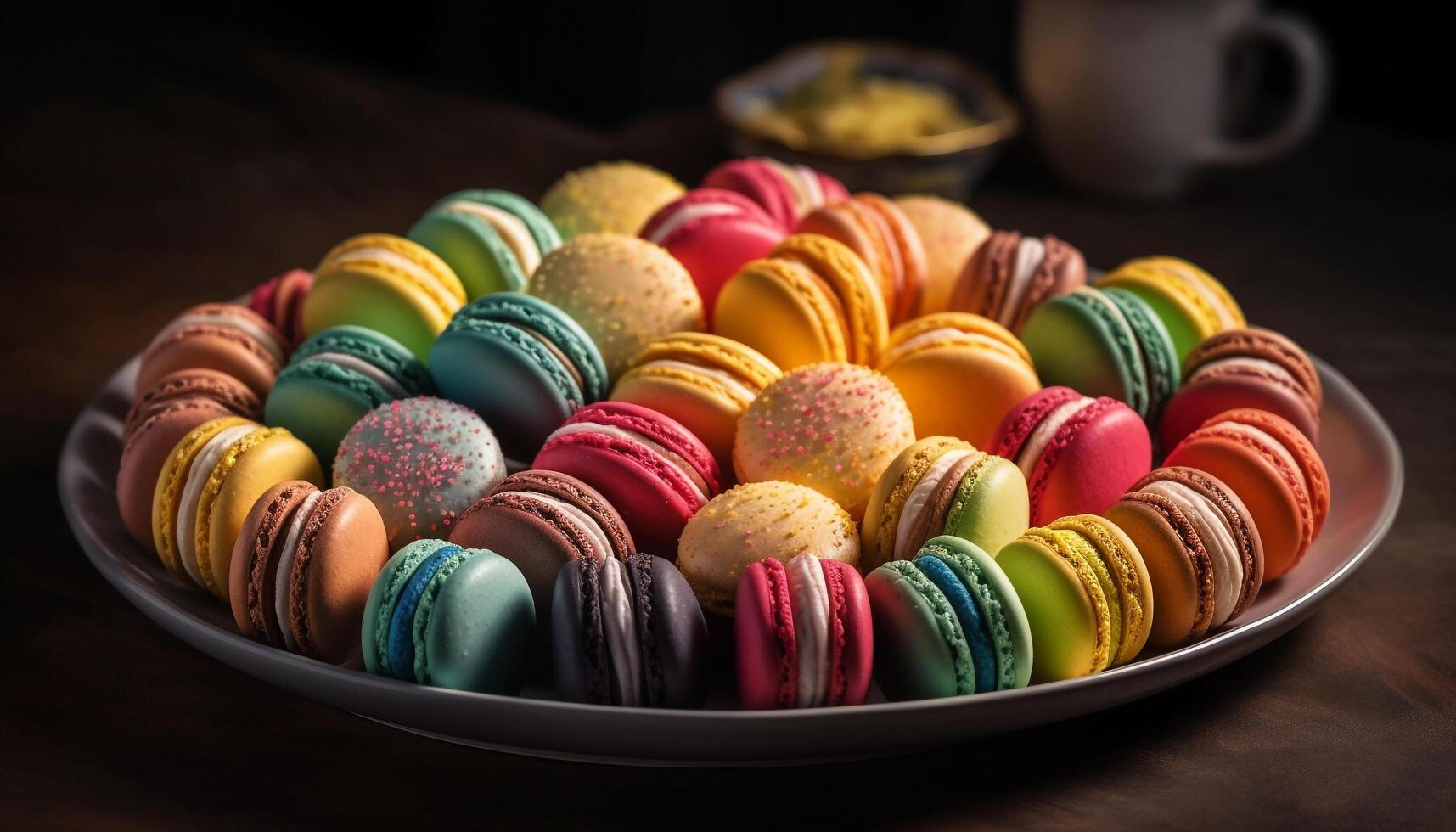 A gourmet French dessert plate with macaroons, meringue, and chocolate generated by AI photo