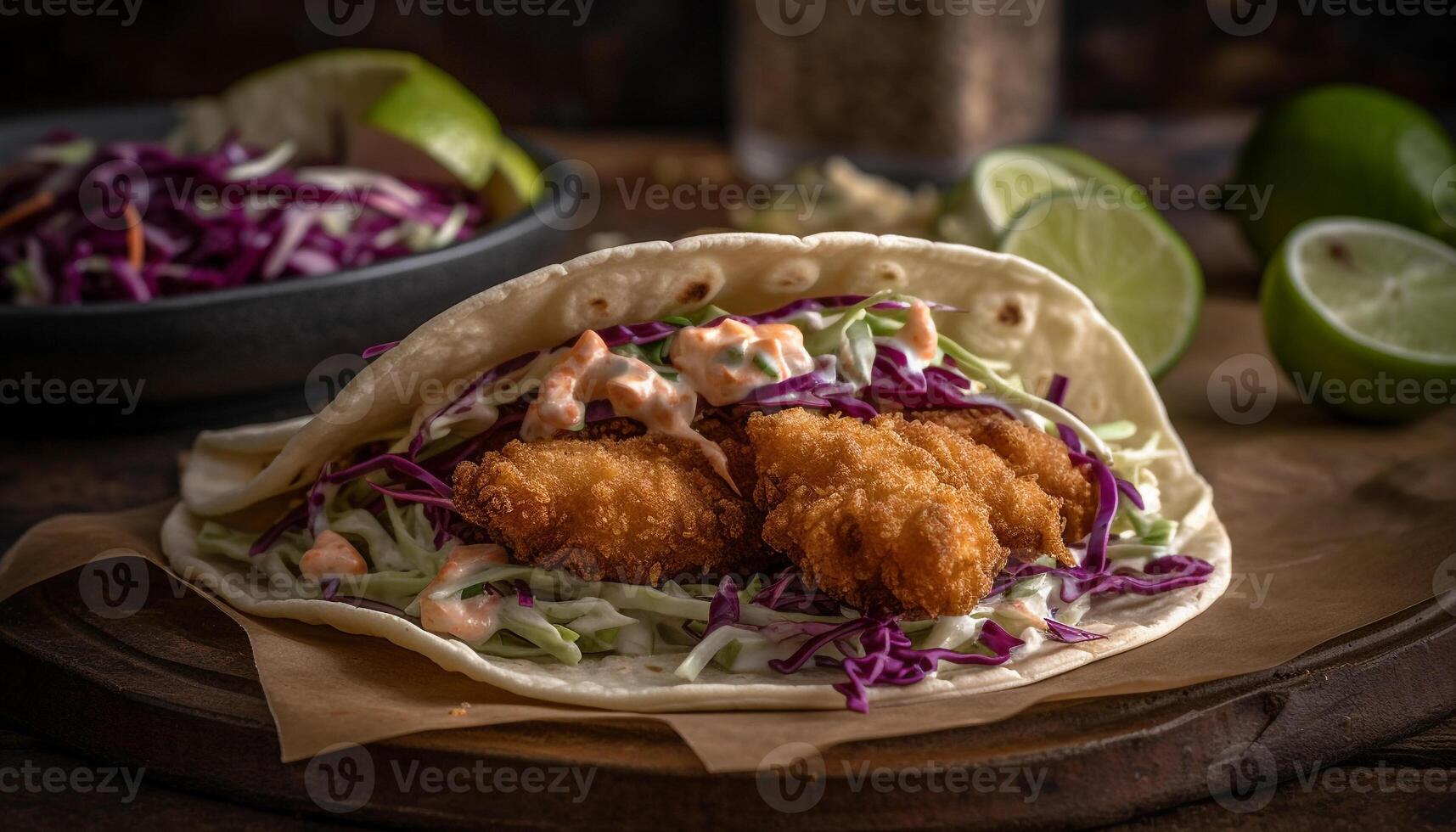 Fried fish taco with guacamole, cilantro, and tomato salsa generated by AI photo
