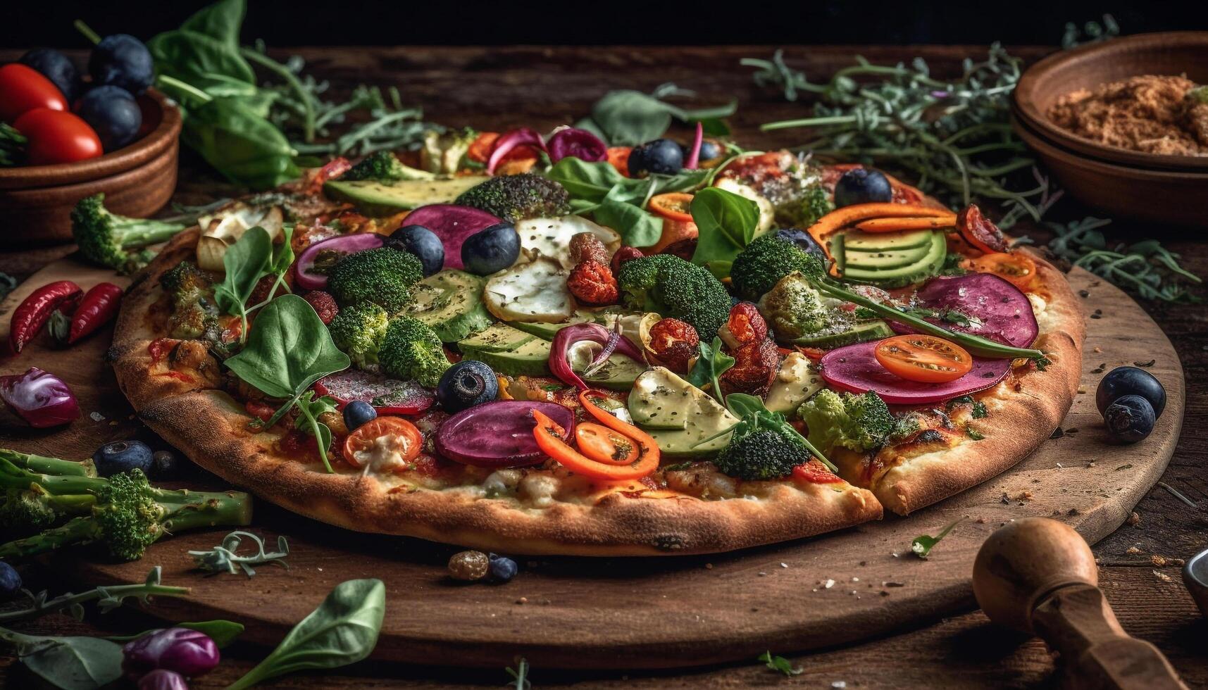 A rustic gourmet pizza on a wooden table with fresh ingredients generated by AI photo