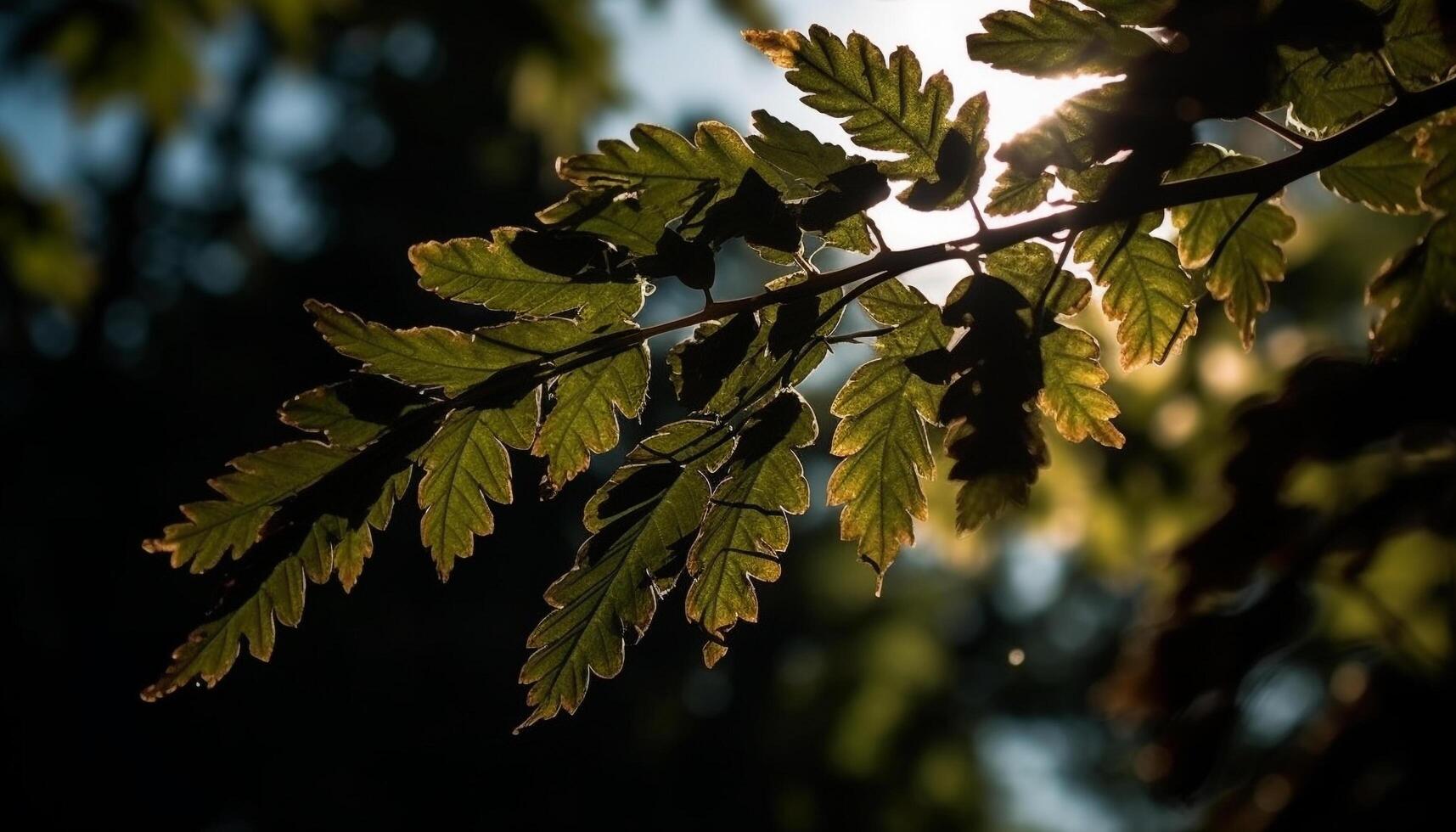Golden autumn leaves on twig, backlit by vibrant sunlight generated by AI photo