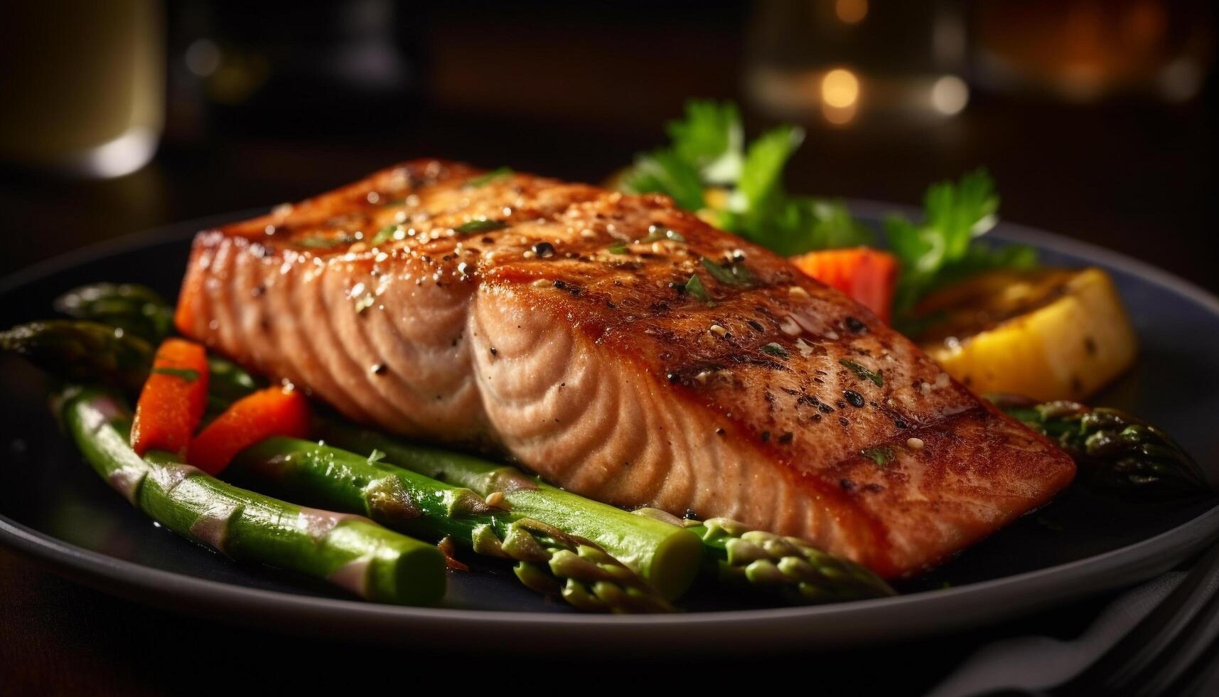 A la parrilla salmón filete con espárragos, un gastrónomo sano comida generado por ai foto