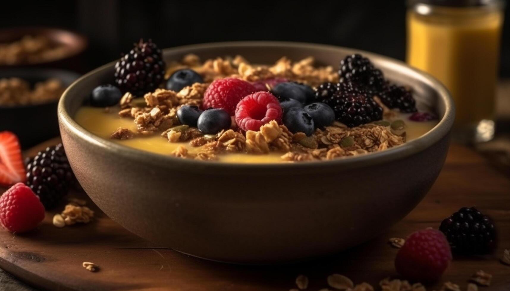 A rustic bowl of organic granola, yogurt, and berry fruit generated by AI photo