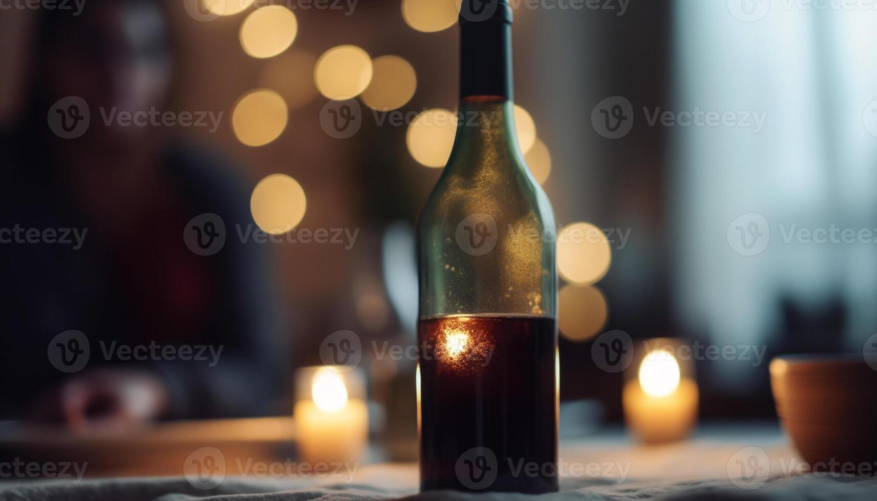 A glowing candle illuminates a defocused wine bottle on table generated by AI photo