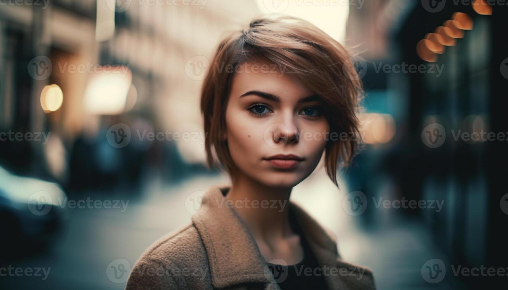 Confident young woman with brown hair stands in city night generated by AI photo