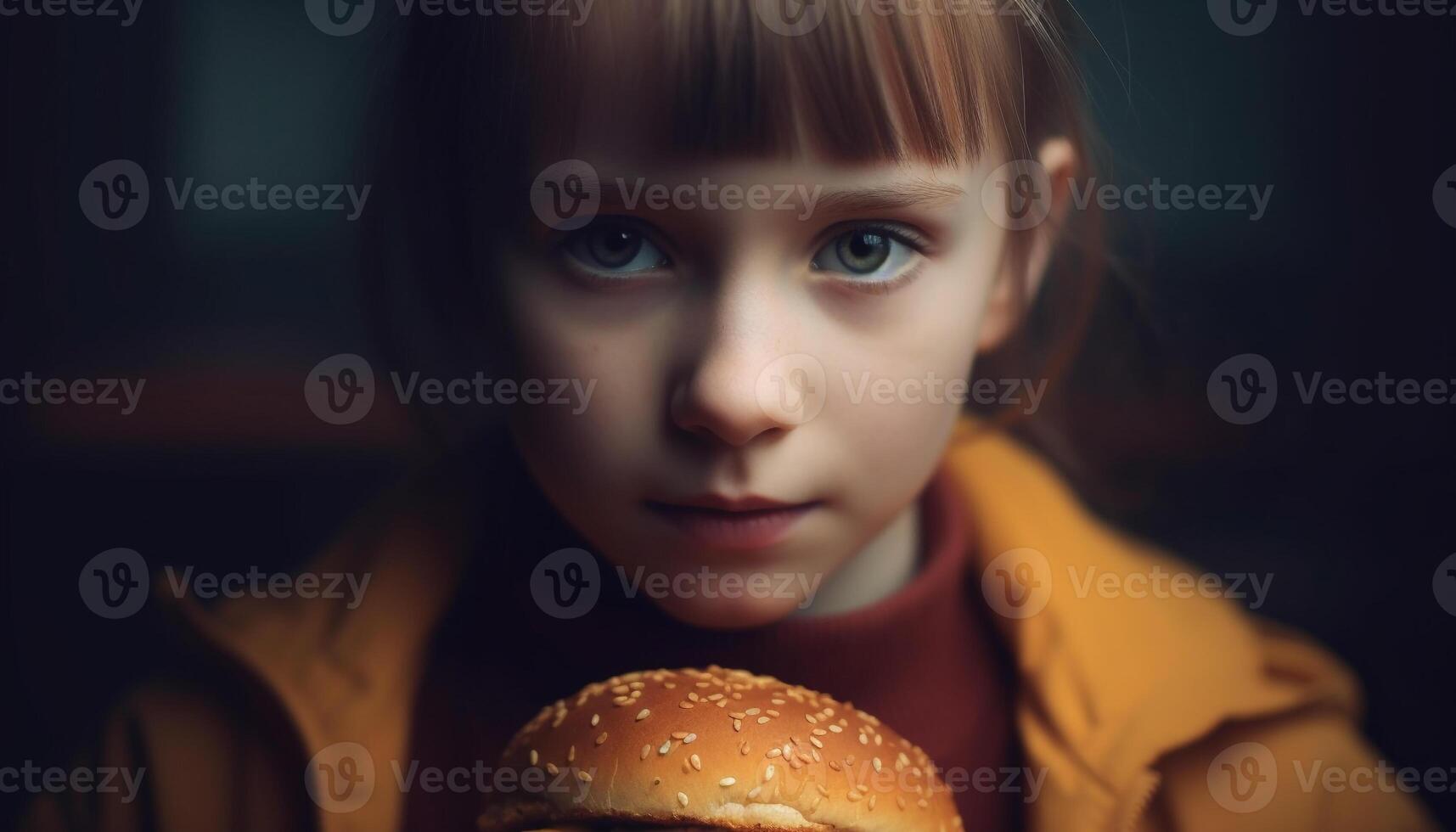 One cute girl holding hamburger, looking at camera with innocence generated by AI photo