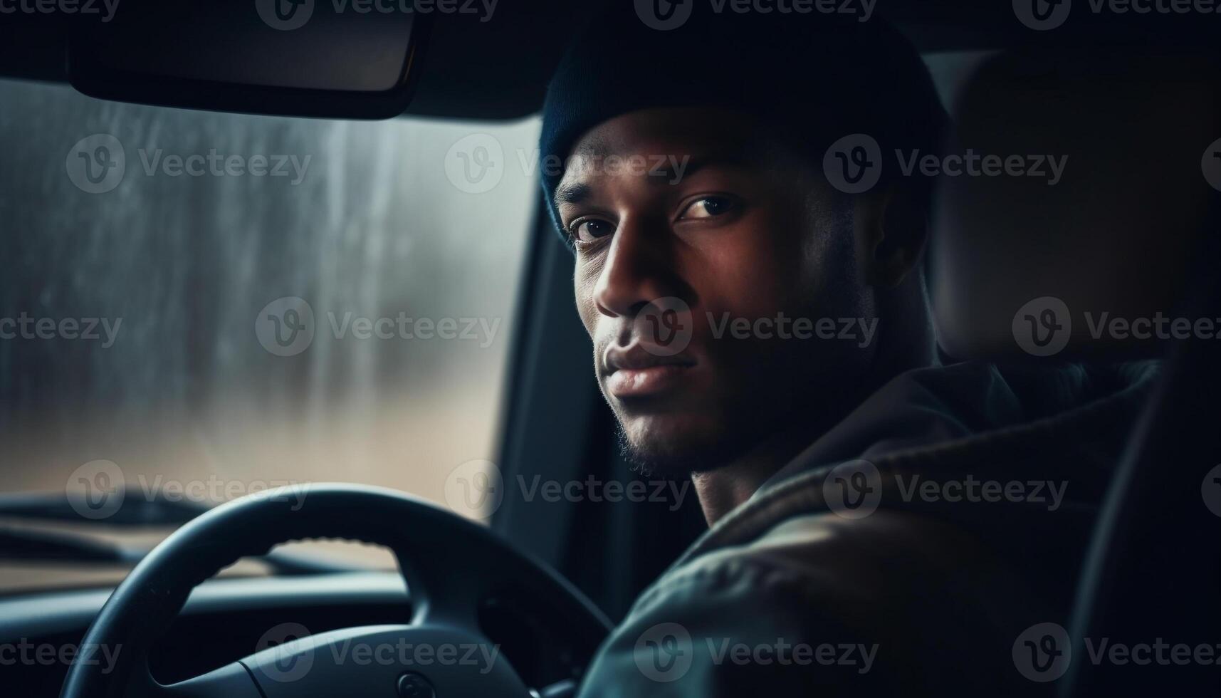 Driving through the rain, one man in car interior generated by AI photo