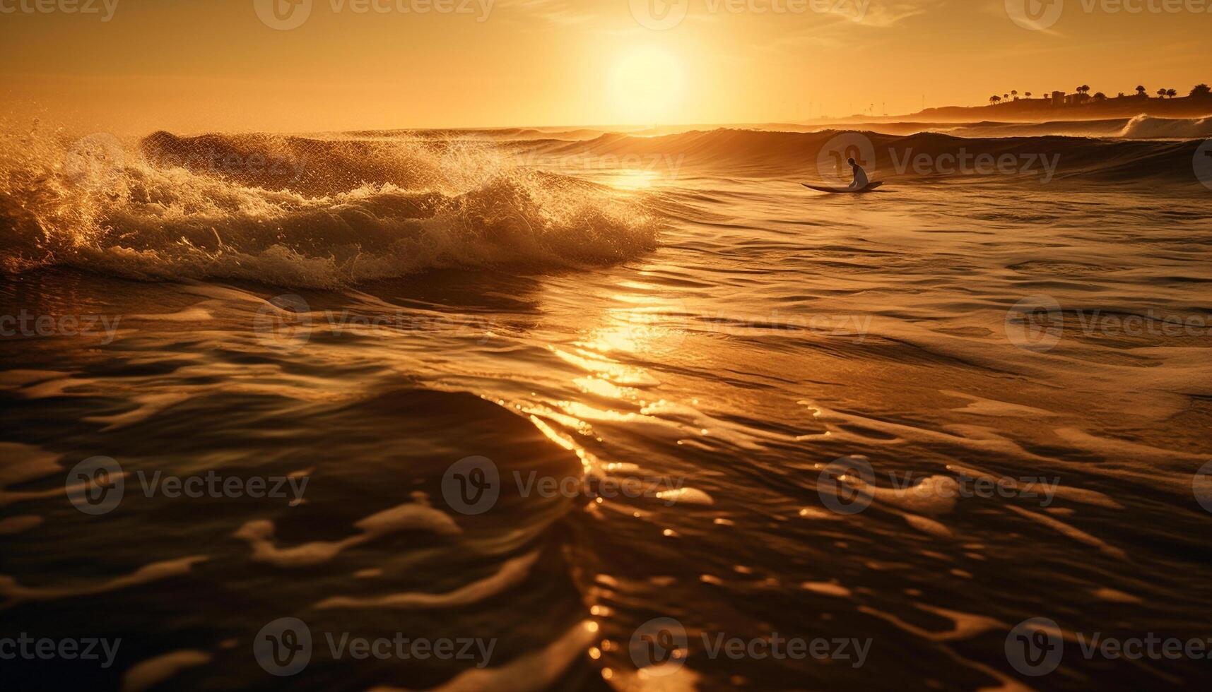 The tranquil scene of a back lit sunset over water generated by AI photo