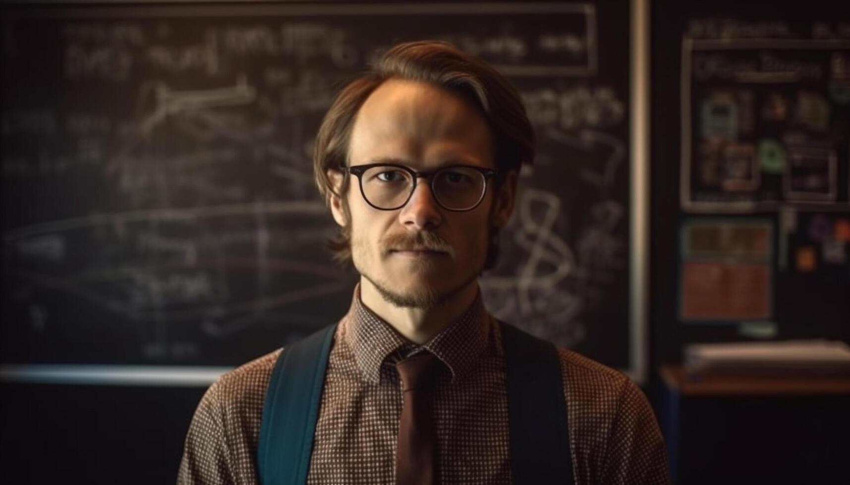 Confident businessman with beard and eyeglasses standing in office close up generated by AI photo