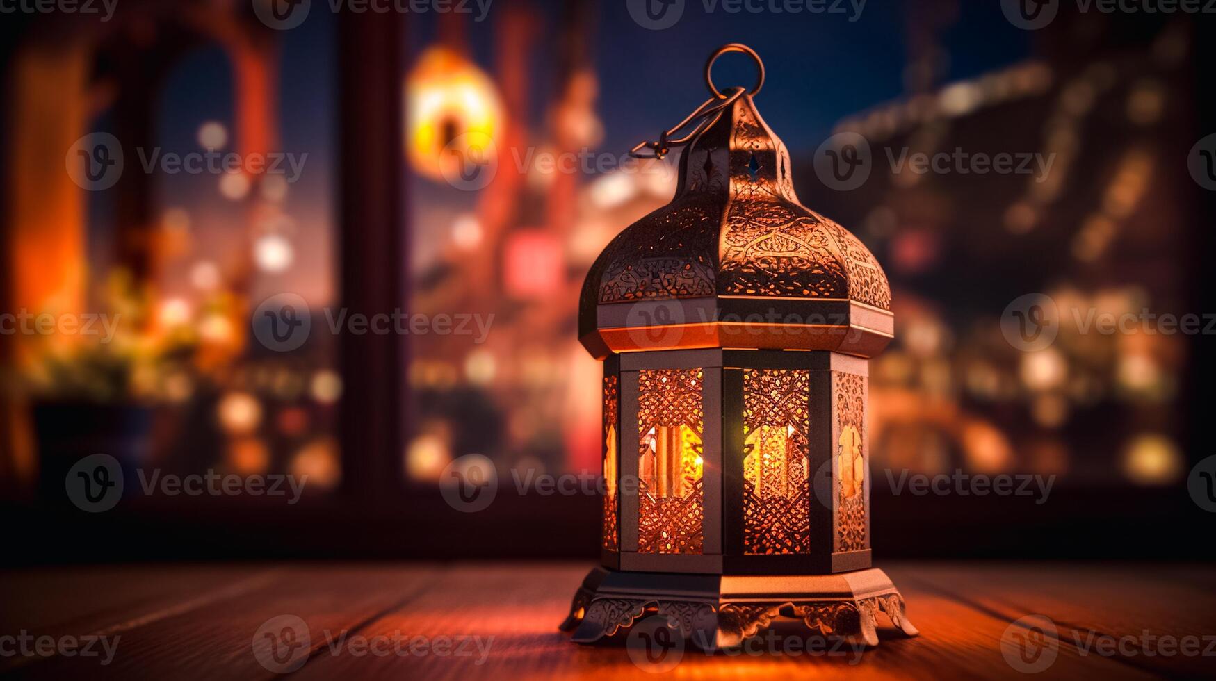 During month of Ramadan, Muslims decorate homes with brightly lit traditional Arabian lamps, called lanterns, symbol of joy, spirituality of holy festival. concept Arabic, Islam, religion. Generate AI photo