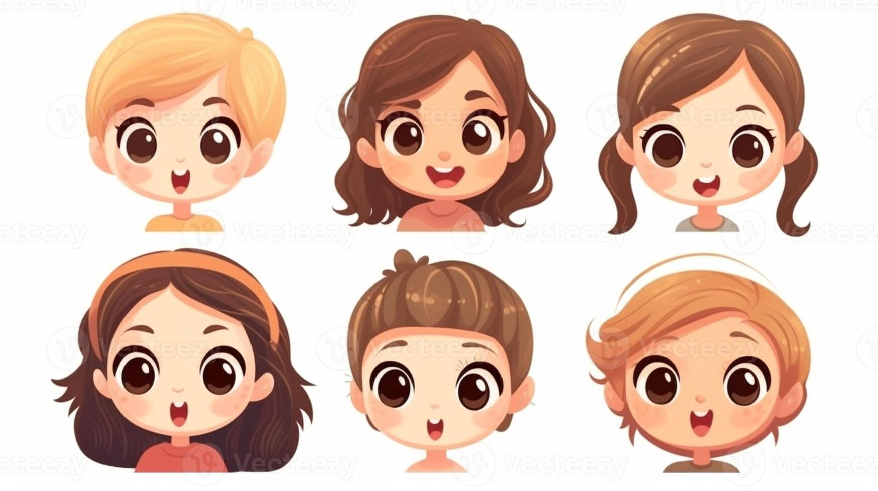 , The set of cheerful cartoon characters with bright smiles and expressive faces brought immense joy and fun to the children in the vibrant illustration. photo
