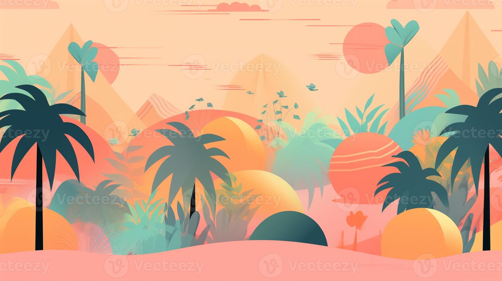 Summer illustration. vibrant abstract poster with tropical palms, rich colours, and jungle elements is perfect for promoting a paradise-themed party or event on various media platforms. Generate AI. photo