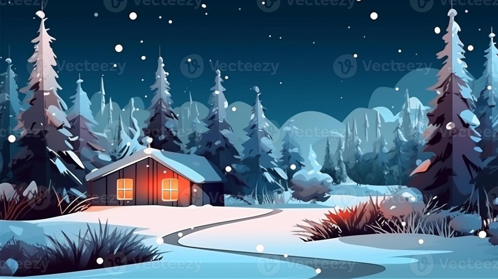 , Winter, festive, Christmas background. In a whimsical vintage illustration, a merry scene unfolded at home on a magical winter night, with snowflakes swirling in the air. photo