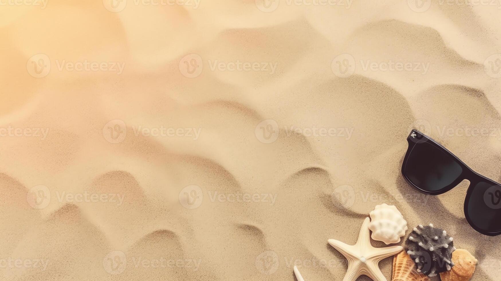 sun glasses and starfish in beach sand background with copy space photo