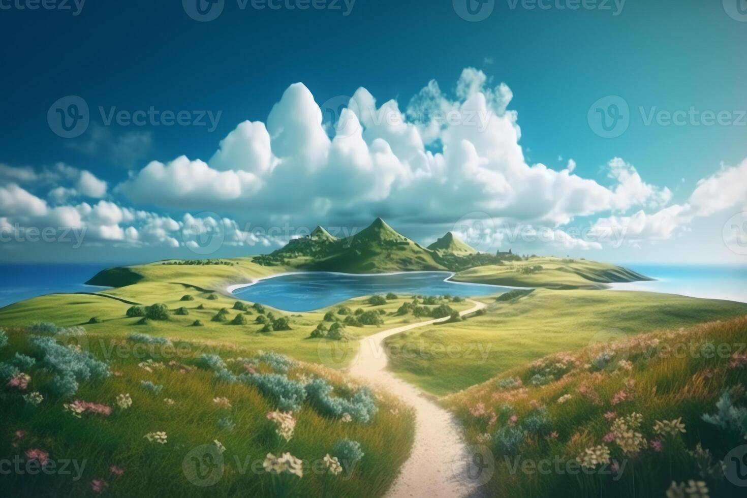 illustration lake with green grass landscape photo
