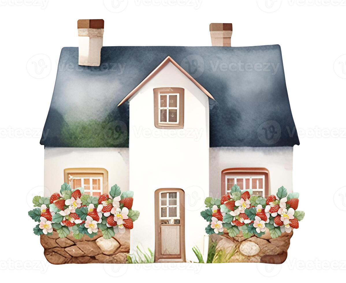 Watercolor rustic village house. Countryside landscape in strawberry theme. berry farmhouse. photo