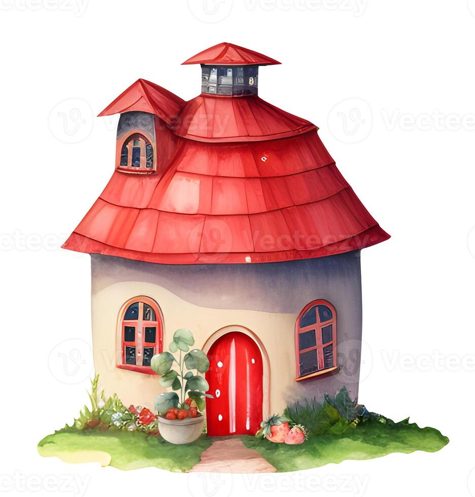 Watercolor rustic village house. Countryside landscape in strawberry theme. berry farmhouse. photo