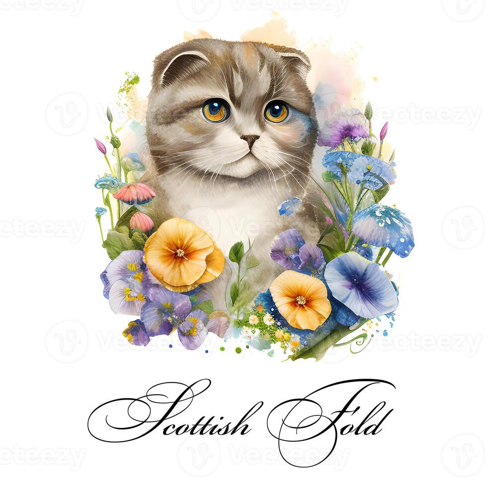 Watercolor illustration of a single cat breed scottish fold with flowers. . Watercolor animal collection of cats. Cat portrait. Illustration of Pet. photo