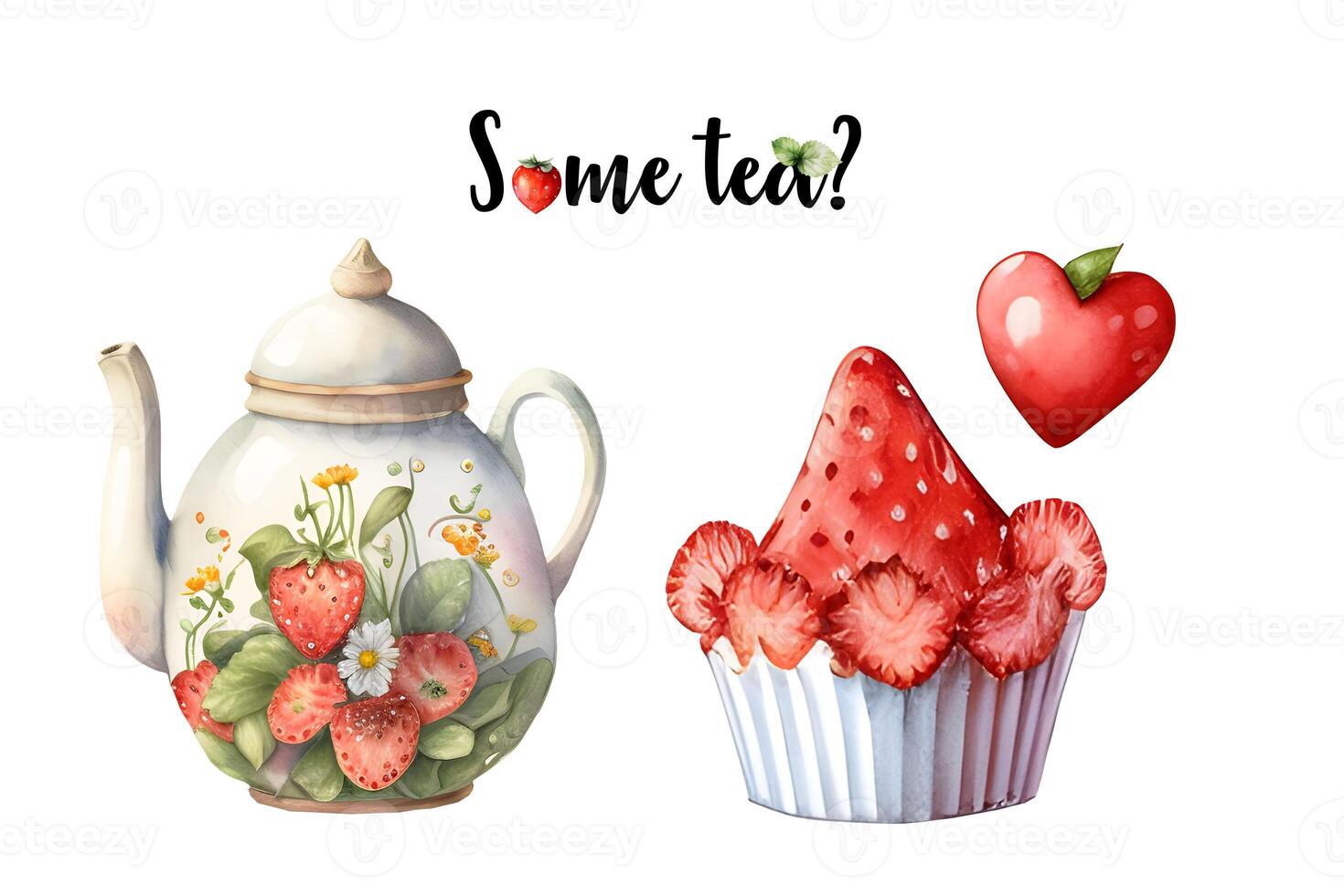 Watercolor teapot with strawberry tea. Time o clock. . Strawberry tea party, Tea shop, cafe, tea lover. photo