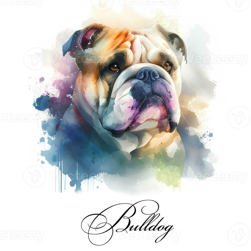 Watercolor illustration of a single dog breed bulldog. AI generated. Dog portrait. photo