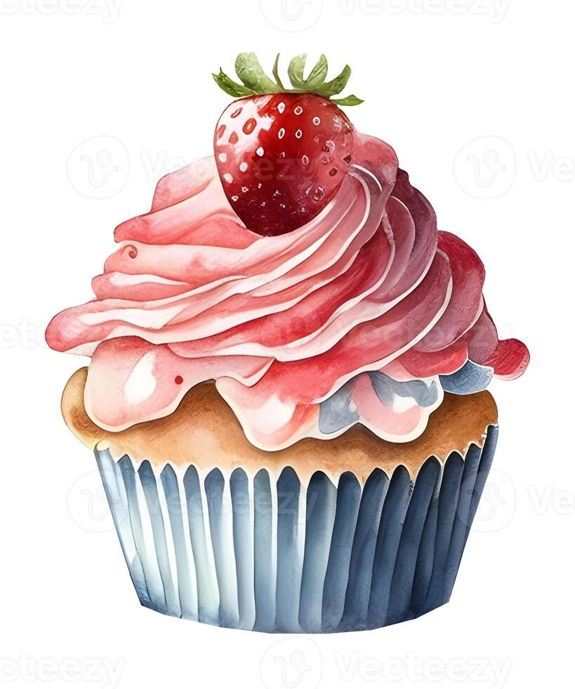 Watercolor strawberry cake cupcake dessert. Cake, cupcake, cream fruit dessert, strawberry pie. photo