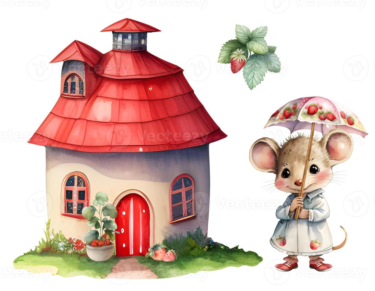 Watercolor rustic village house. Countryside landscape in strawberry theme. berry farmhouse. photo