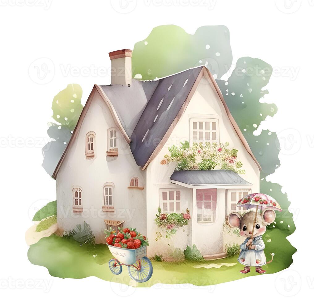 Watercolor rustic village house. Countryside landscape in strawberry theme. berry farmhouse. photo