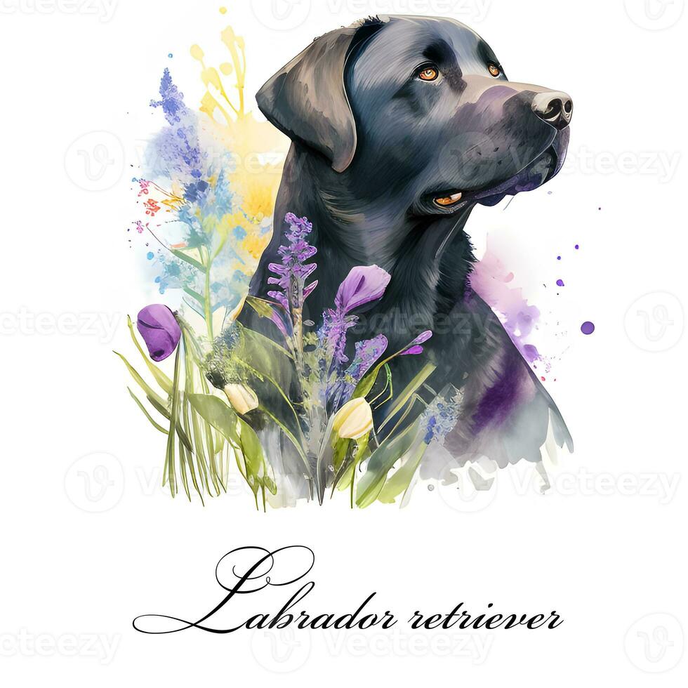Watercolor illustration of a single dog breed black labrador retriever with flowers. AI generated. Dog portrait. photo