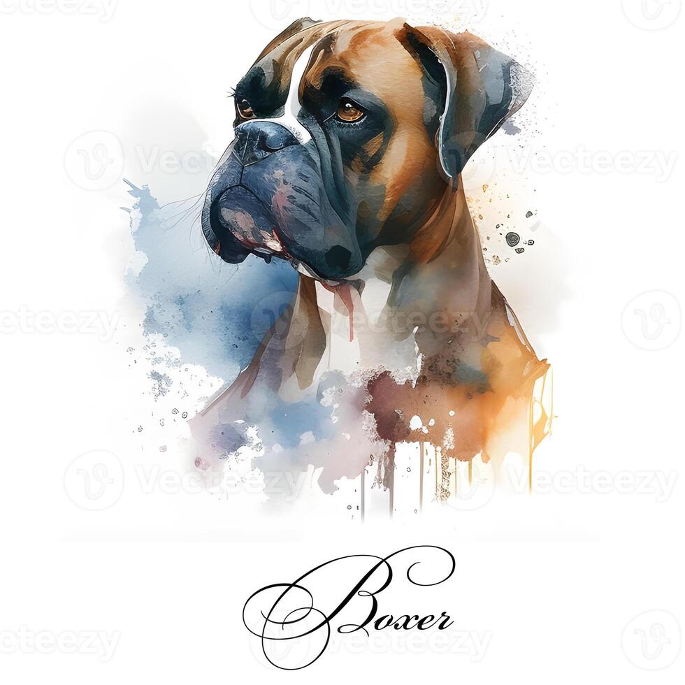 Watercolor illustration of a single dog breed boxer. . Dog portrait. photo