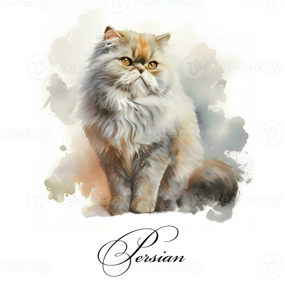 Watercolor illustration of a single cat breed persian. AI generated. Watercolor animal collection of cats. Cat portrait. Illustration of Pet. photo