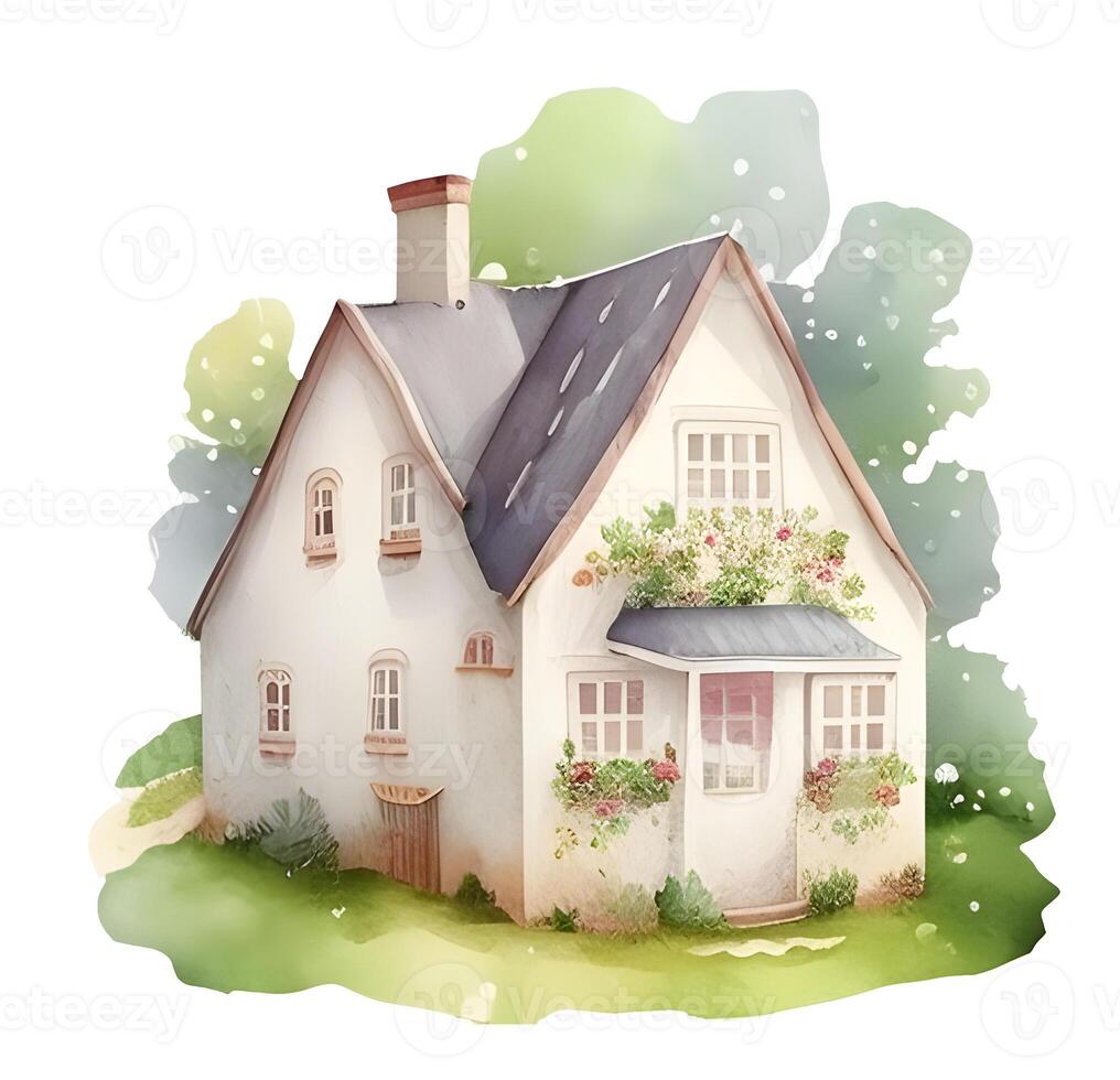 Watercolor rustic village house. Countryside landscape in strawberry theme. berry farmhouse. photo