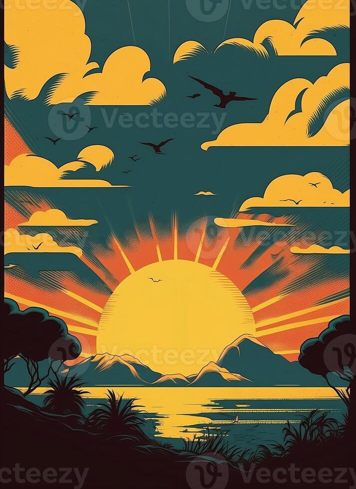 retro póster de un marina con ondas, gaviotas y nubes amanecer y puesta de sol. impresión casa. antecedentes para póster, bandera. ai generado foto