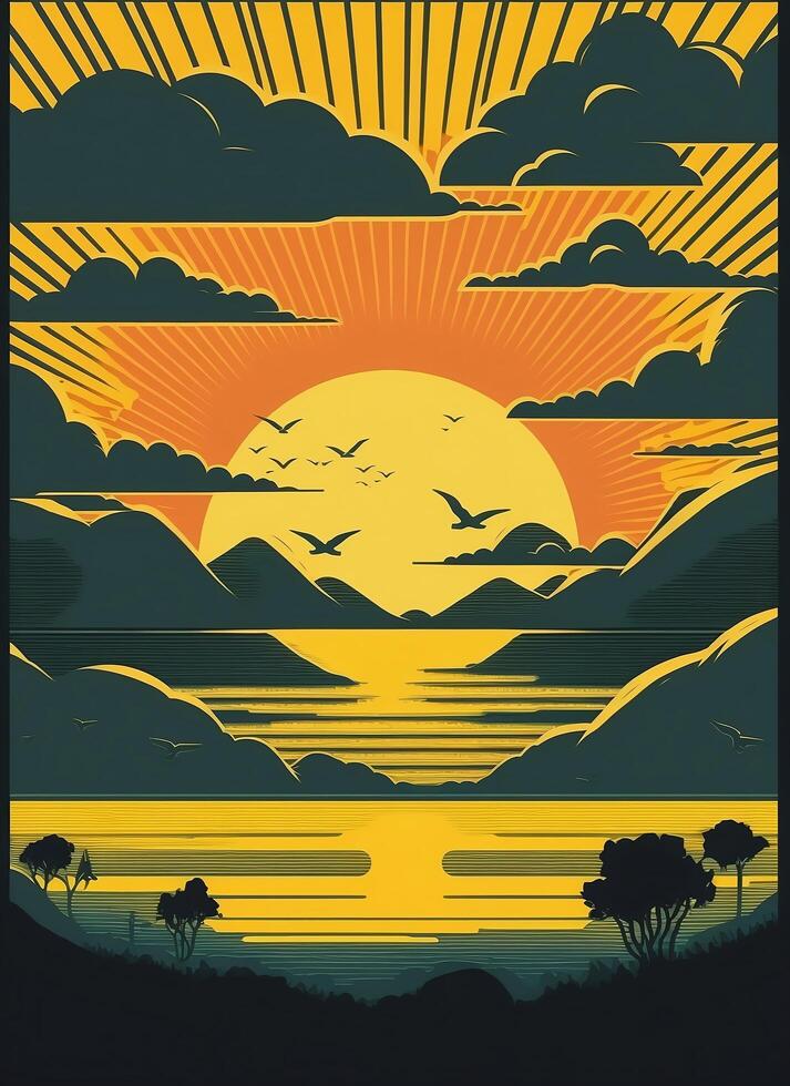 retro póster de un marina con ondas, gaviotas y nubes amanecer y puesta de sol. impresión casa. antecedentes para póster, bandera. ai generado foto