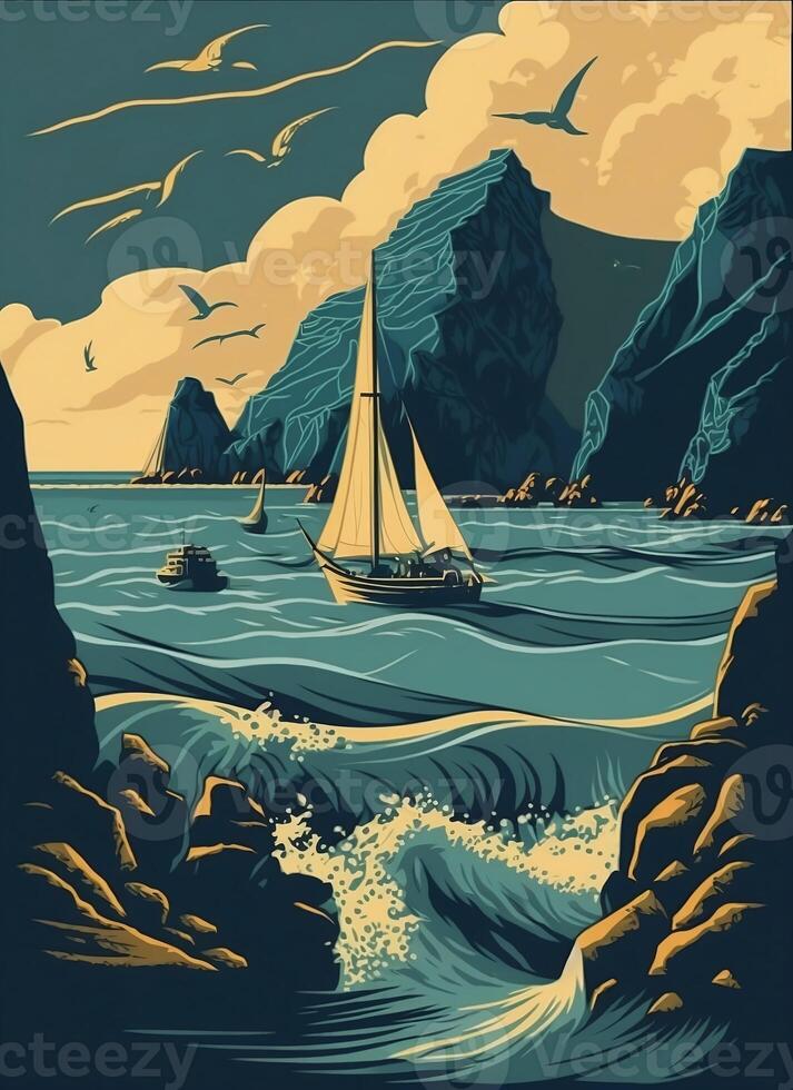 Retro poster of a seascape with waves, seagulls, rocks and yachts. Printing house. Background for poster, banner. photo