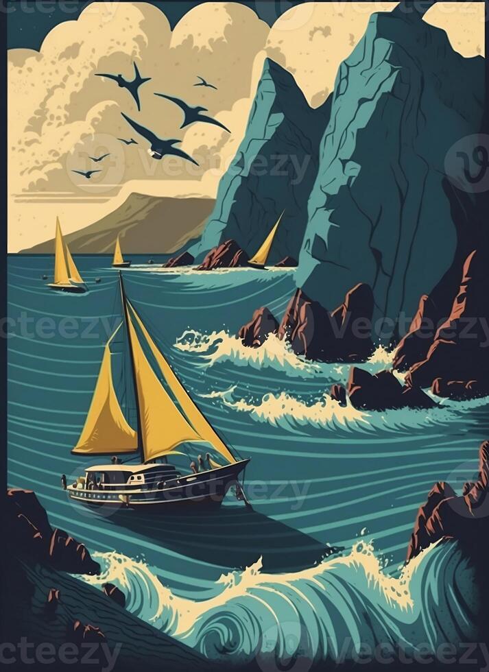 Retro poster of a seascape with waves, seagulls, rocks and yachts. Printing house. Background for poster, banner. photo