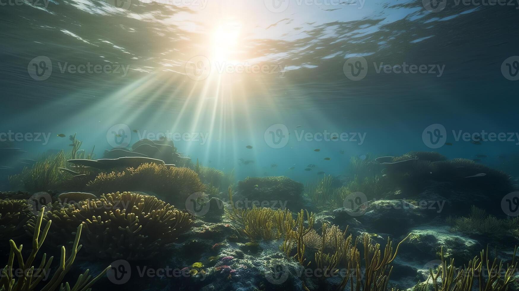 underwater view coral reef with sun beam photo