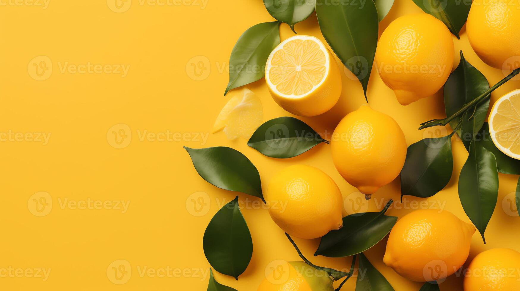 arrange lemon and leaf in yellow background photo
