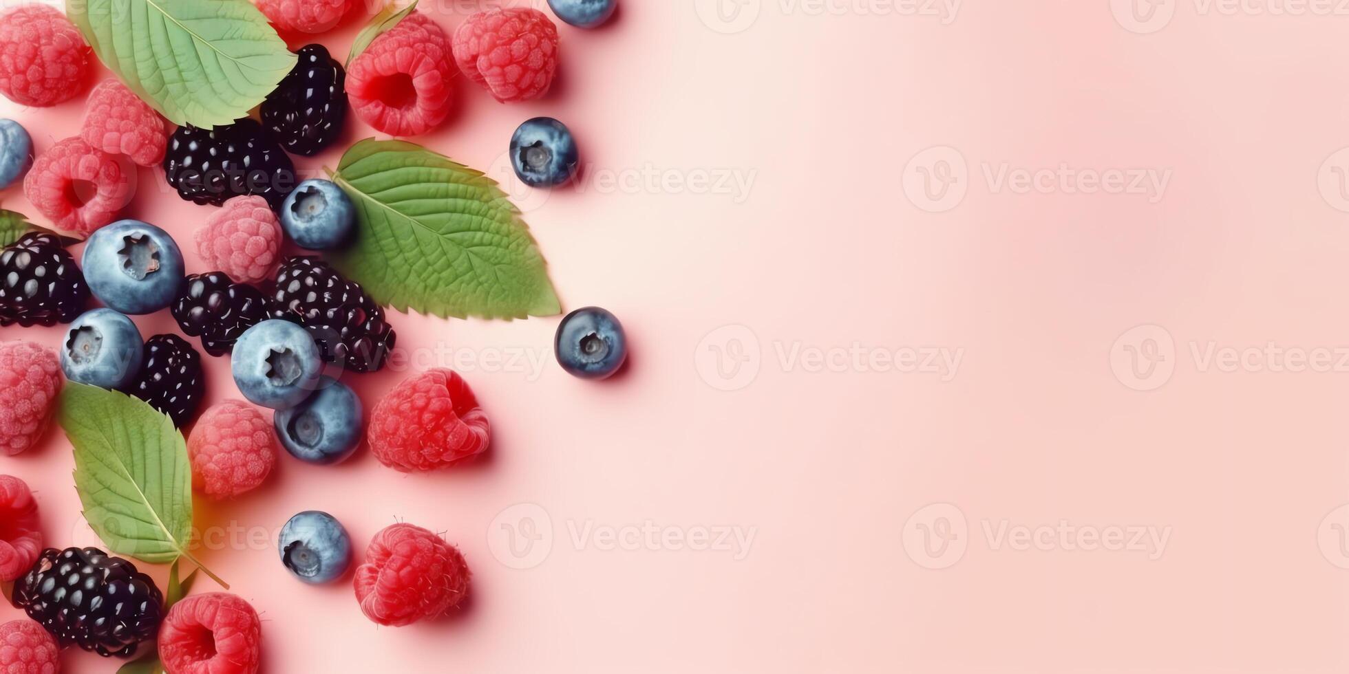 many kind of berry arranged in pastel background with copy space photo