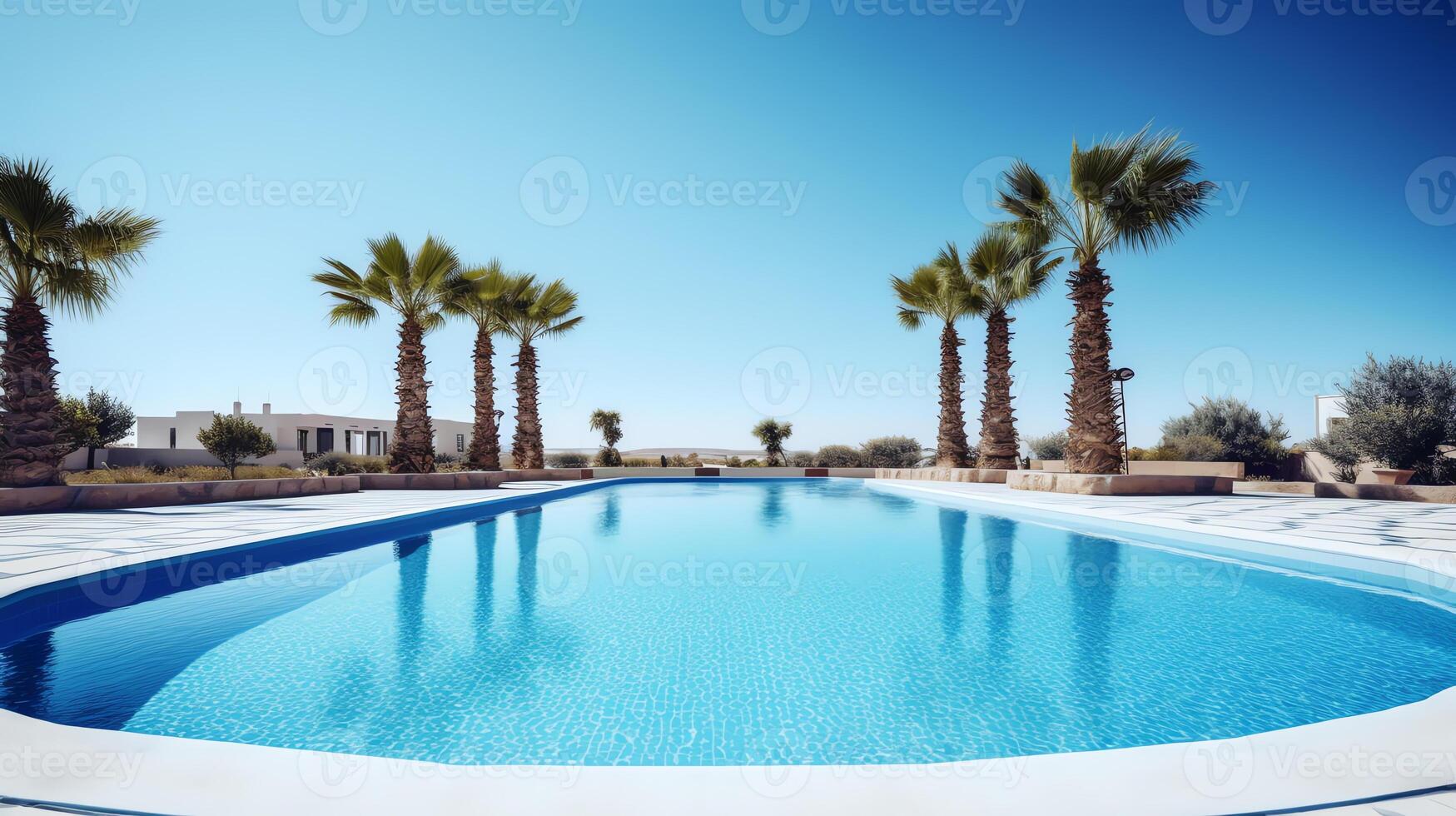 summer swimming pool with palm tree and blue sky photo