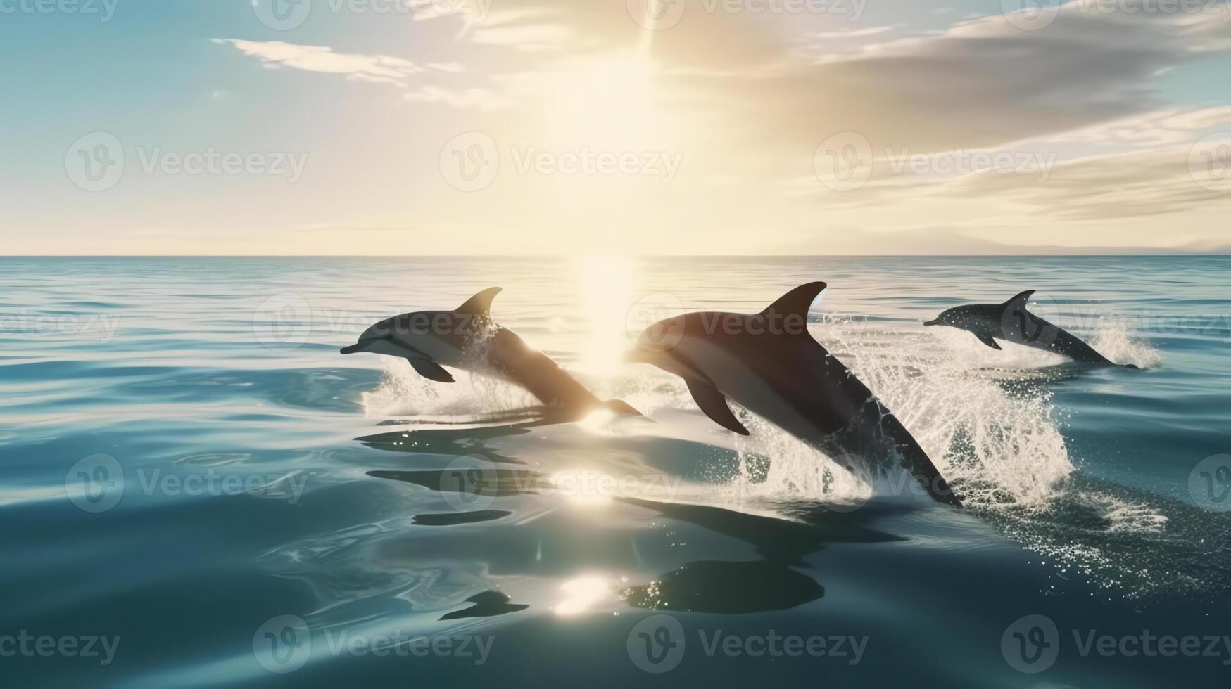 three dolphins jump in ocean photo
