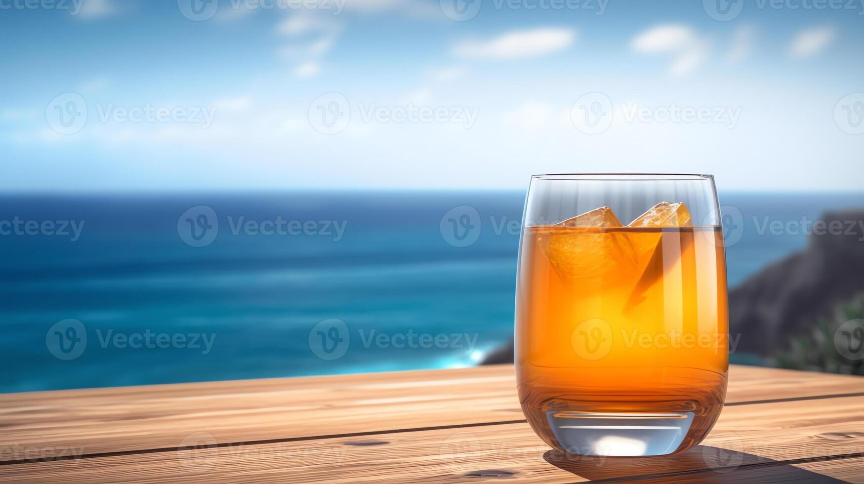 a glass orange ice on the table with ocean background photo