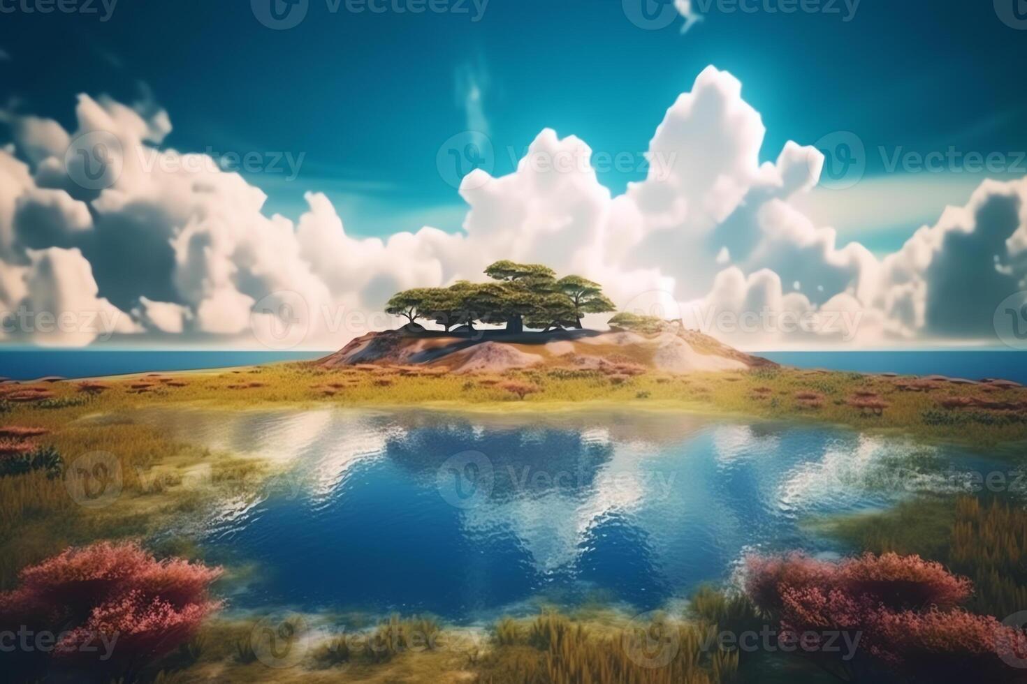 beautiful small lake landscape with tree and blue sky photo