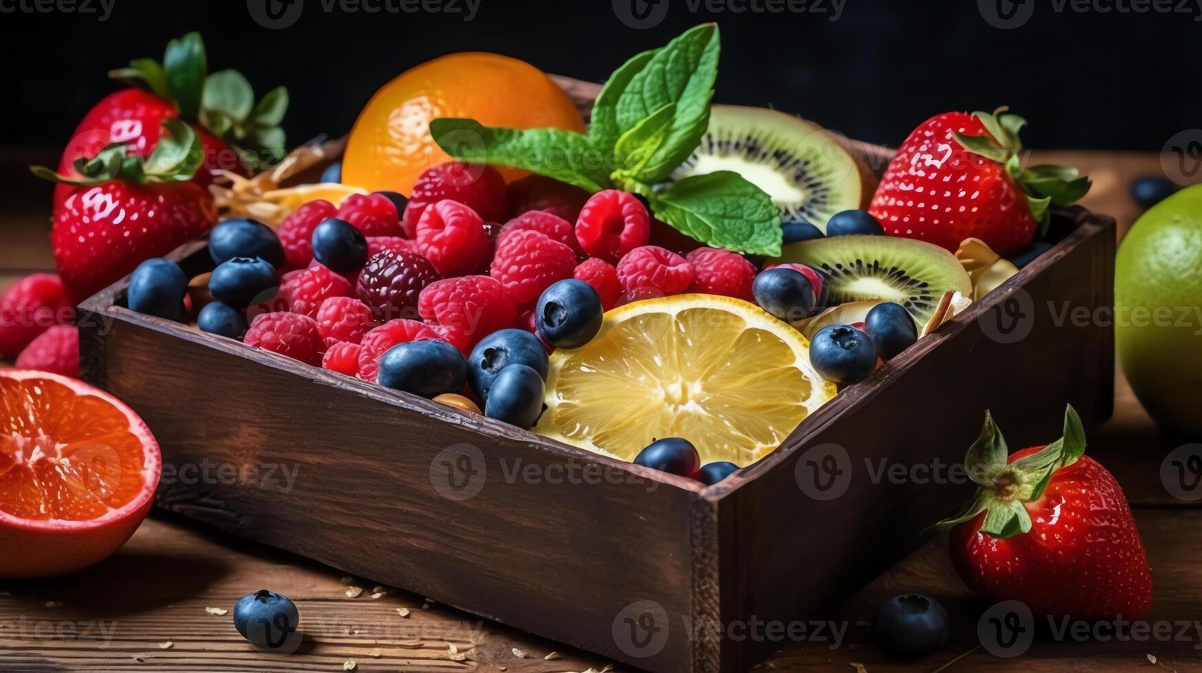 fruit in crate healthy vegetarian food concept photo