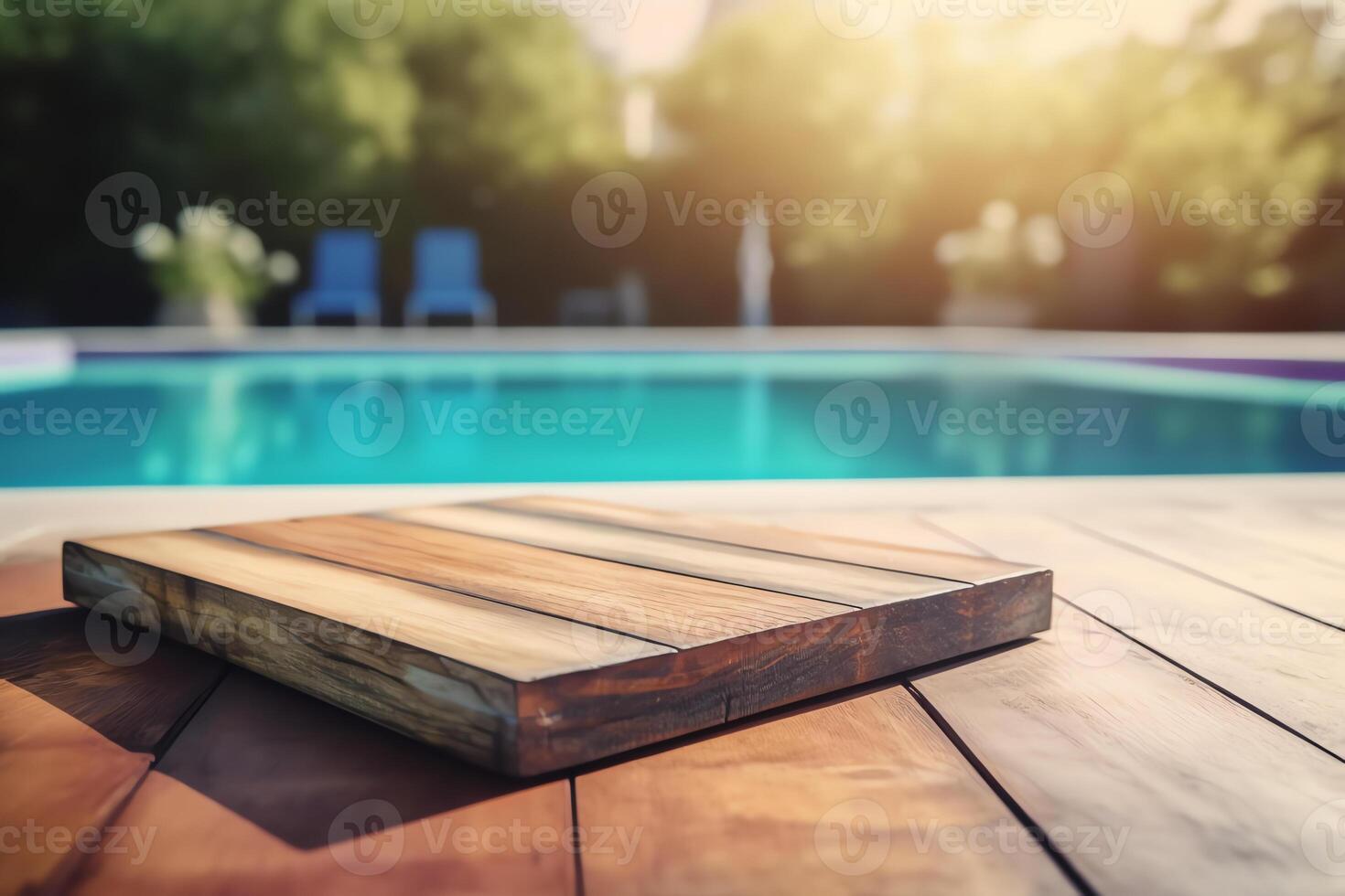 photo wooden board in a deck next to swimming pool display mockup