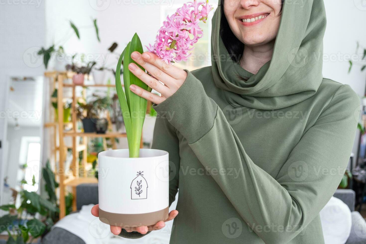 Spring flower hyacinth bloomed at home in a pot in the hands of a woman in the interior of a green house with shelving collections of domestic plants. Home crop production photo