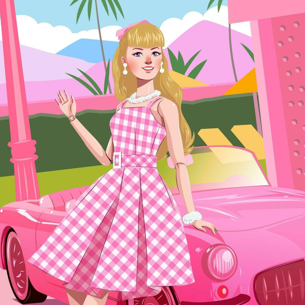 Fashion Doll with Her Pink Car Concept vector