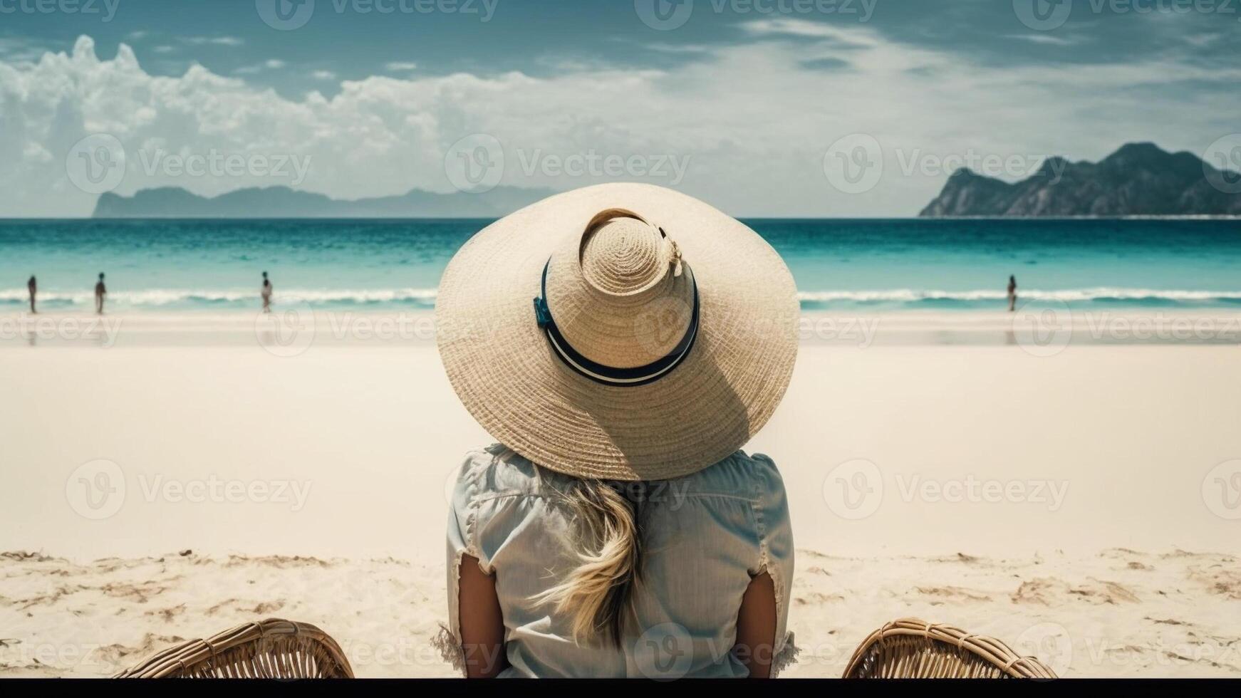 Portrait of Woman in summer vacation wearing straw hat and beach dress enjoying the view at the ocean with photo