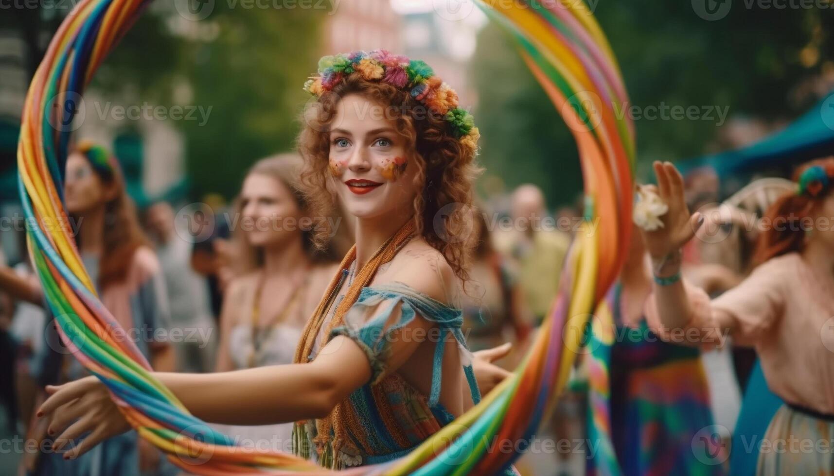 Young adults in colorful traditional festival attire dance generated by AI photo